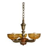 Lustre Art Déco Petitot – 5 feux – Bois, métal et verre ambré 1920