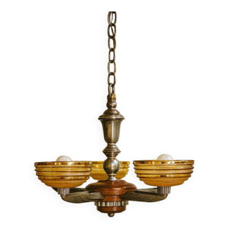 Petitot Art Deco Chandelier – 5 lights – Wood, metal and amber glass, 1920