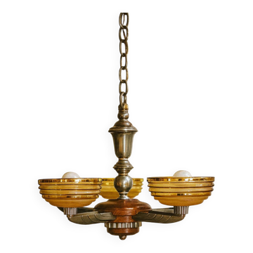 Lustre Art Déco Petitot – 5 feux – Bois, métal et verre ambré 1920