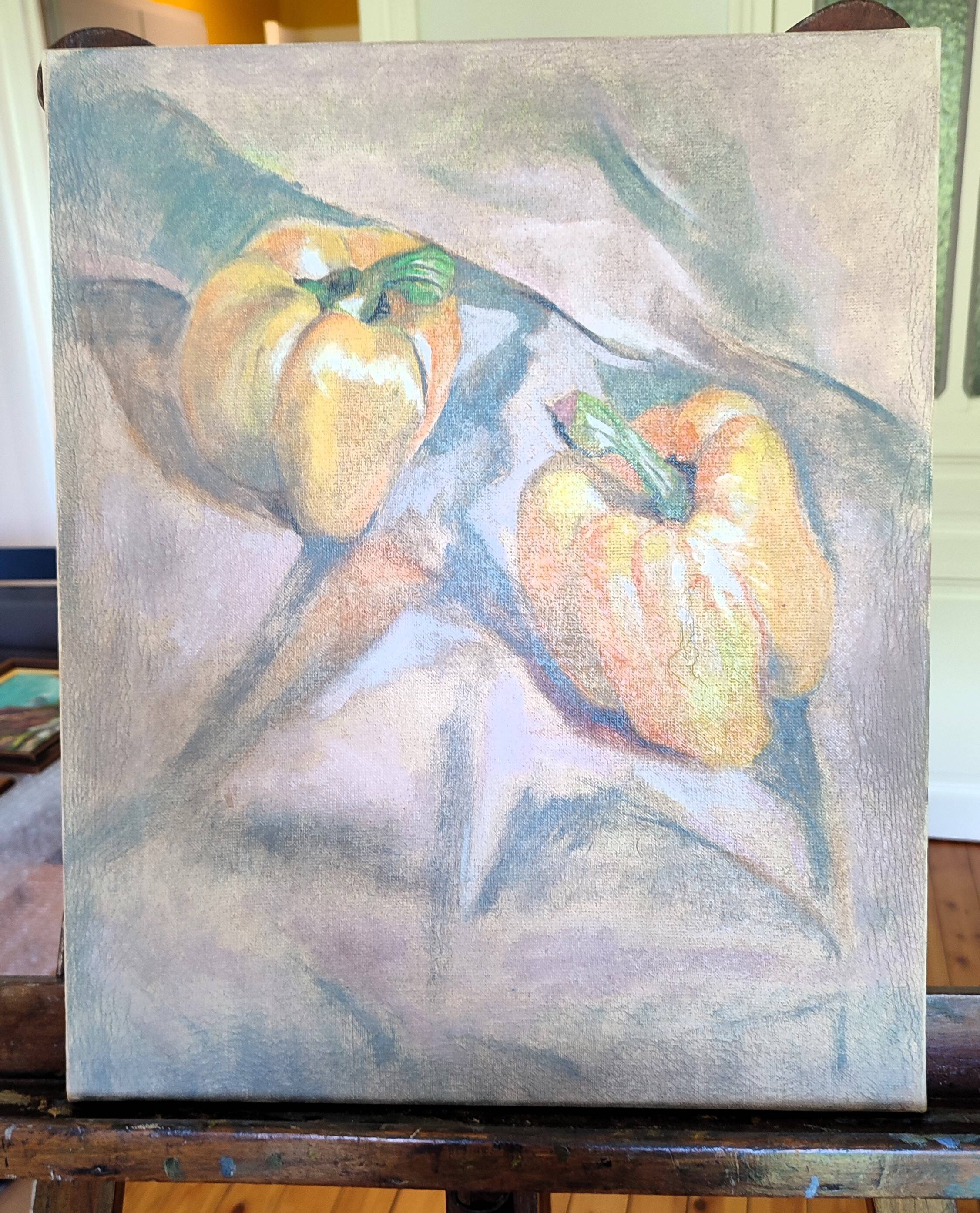 Still life with two peppers by nelly le couedic (20th century)