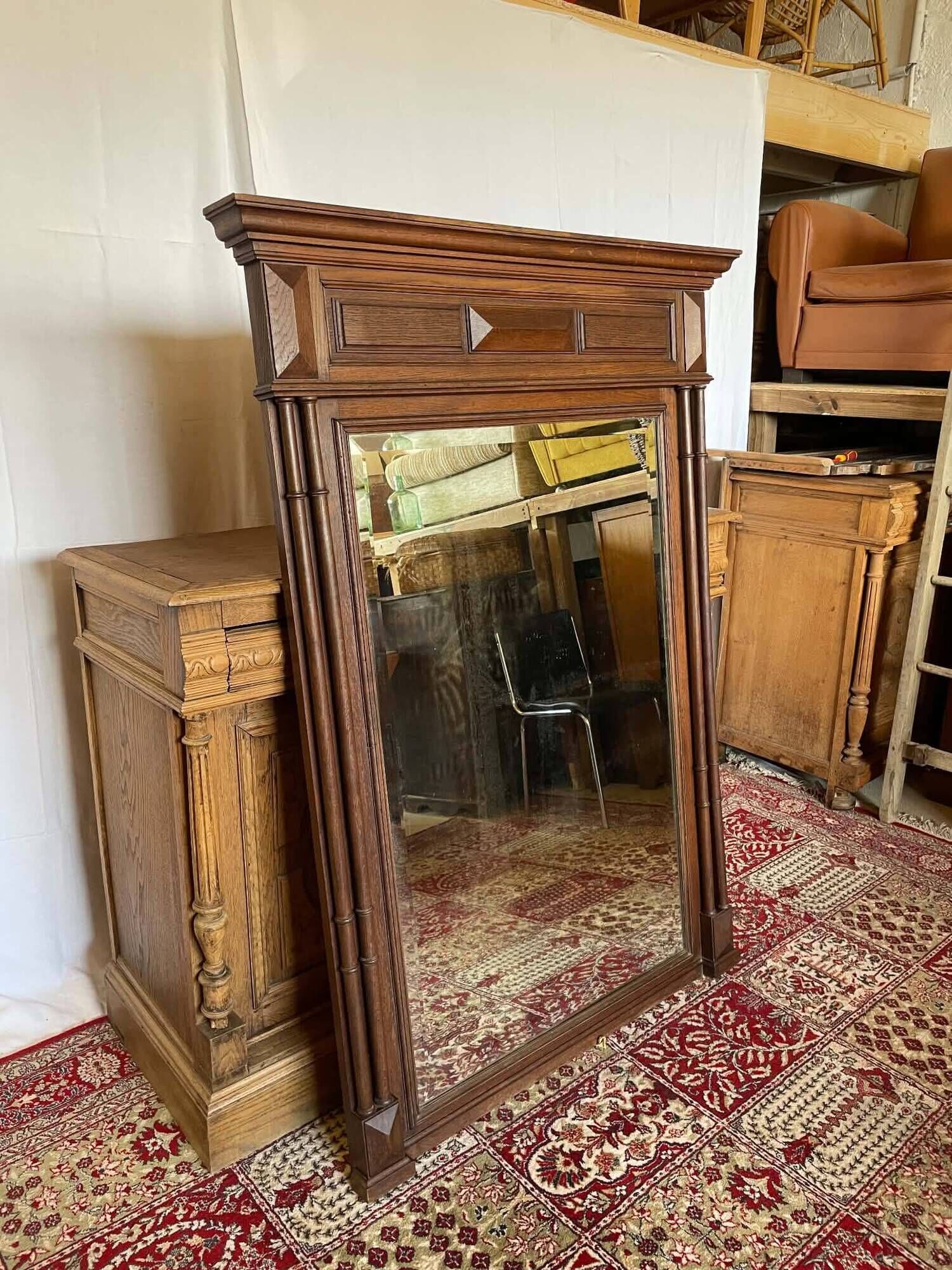 Large antique trumeau mirror in solid oak – Henri II style