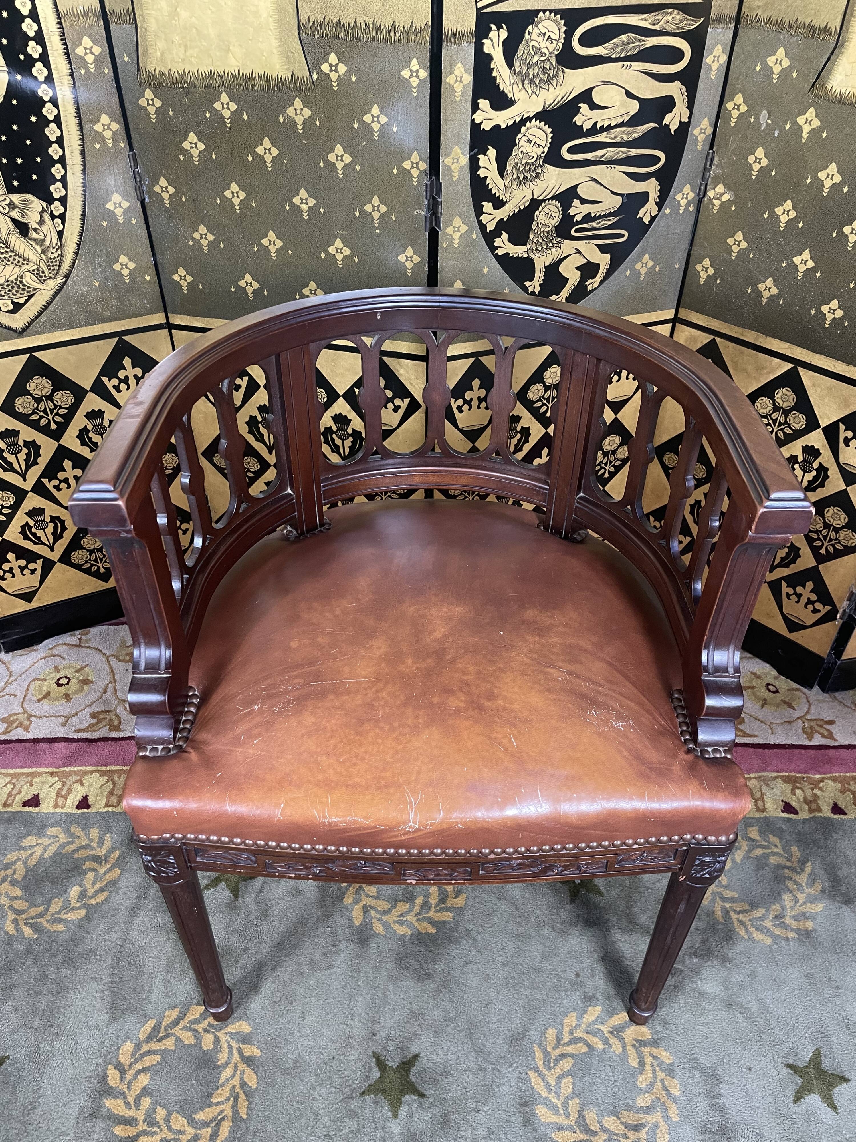 Louis XVI style office armchair in mahogany and leather
