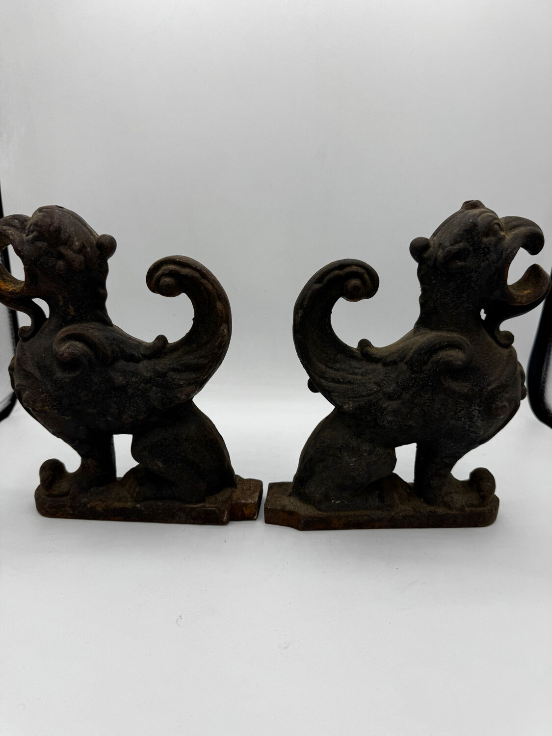 Pair of winged chimera and dragon fire dogs in cast iron