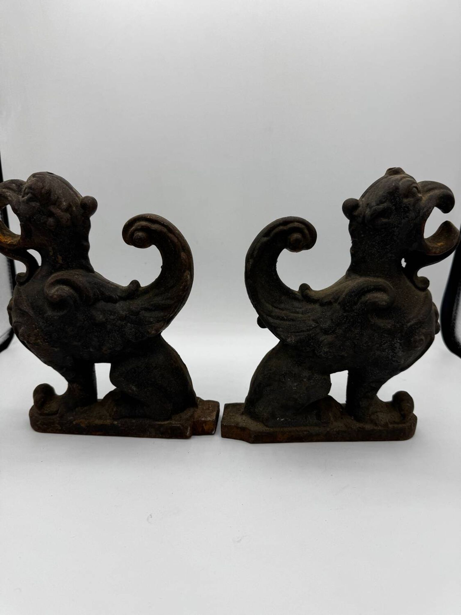 Pair of winged chimera and dragon fire dogs in cast iron