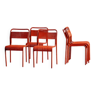 Série de 6 chaises en métal perforé rouge, 1980s
