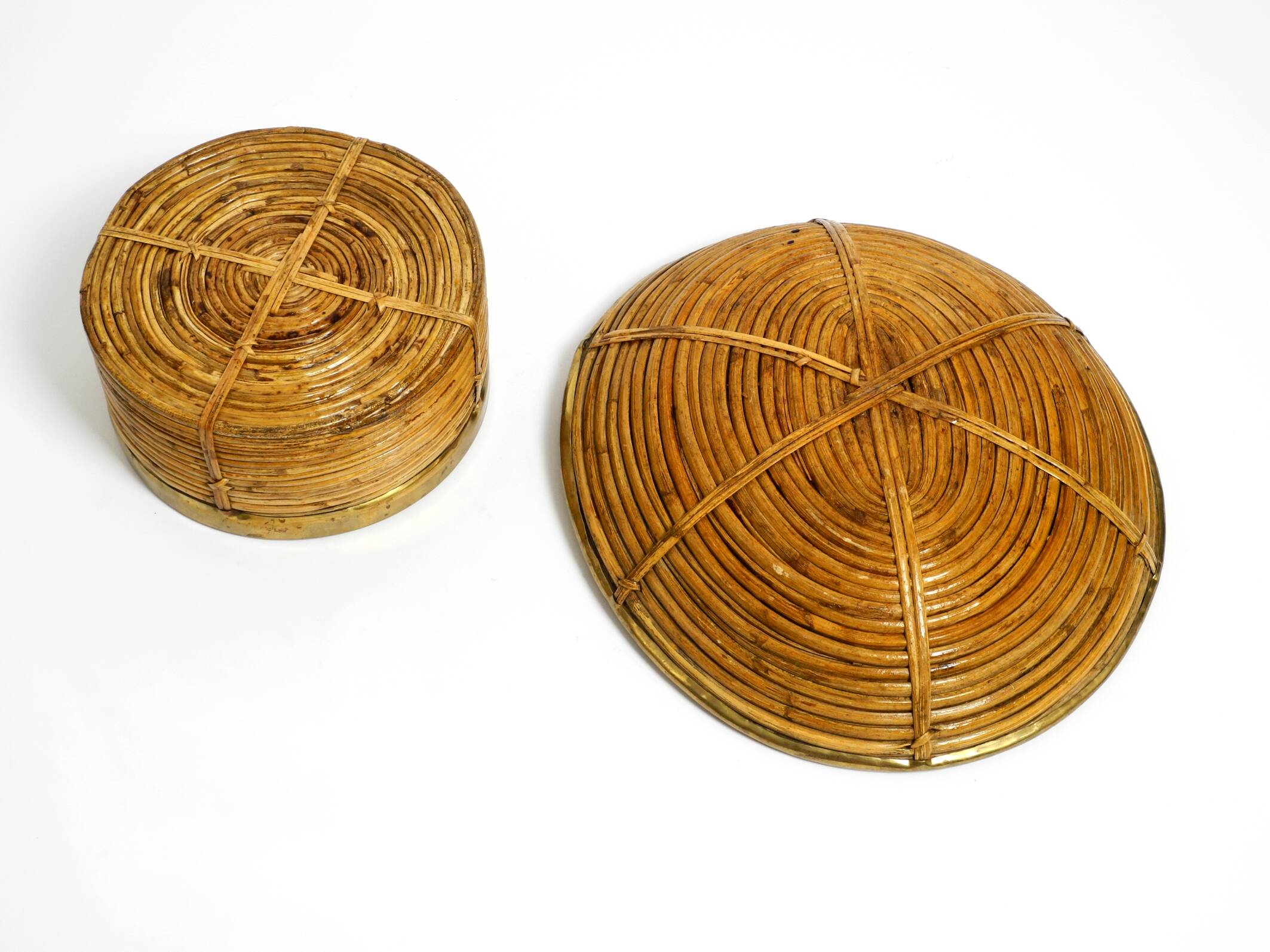 A pair of beautiful Italian Mid Century Modern bamboo bowls with brass rims