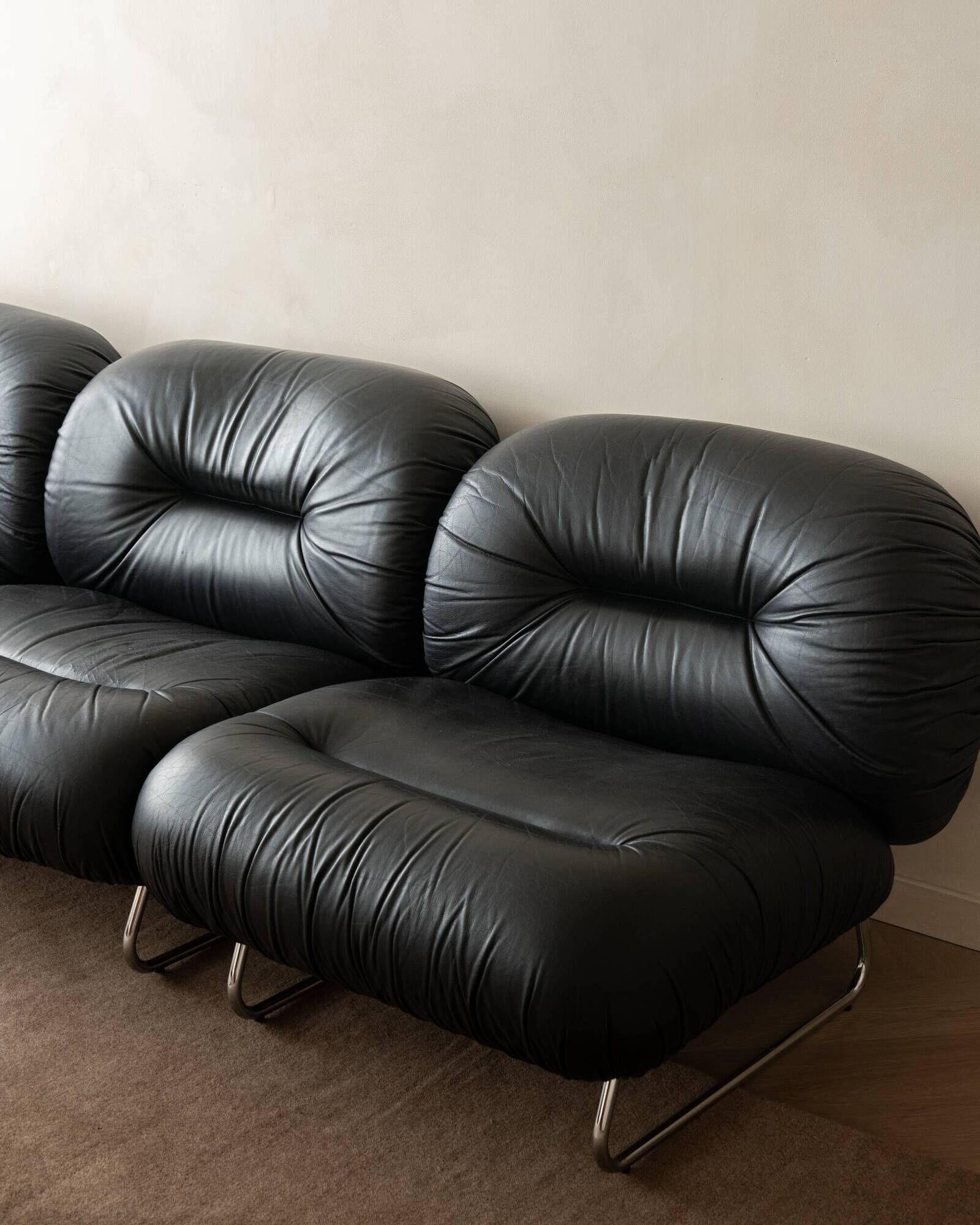 Italian Leather and Chrome Lounge Chairs, 1980s, Set of 3