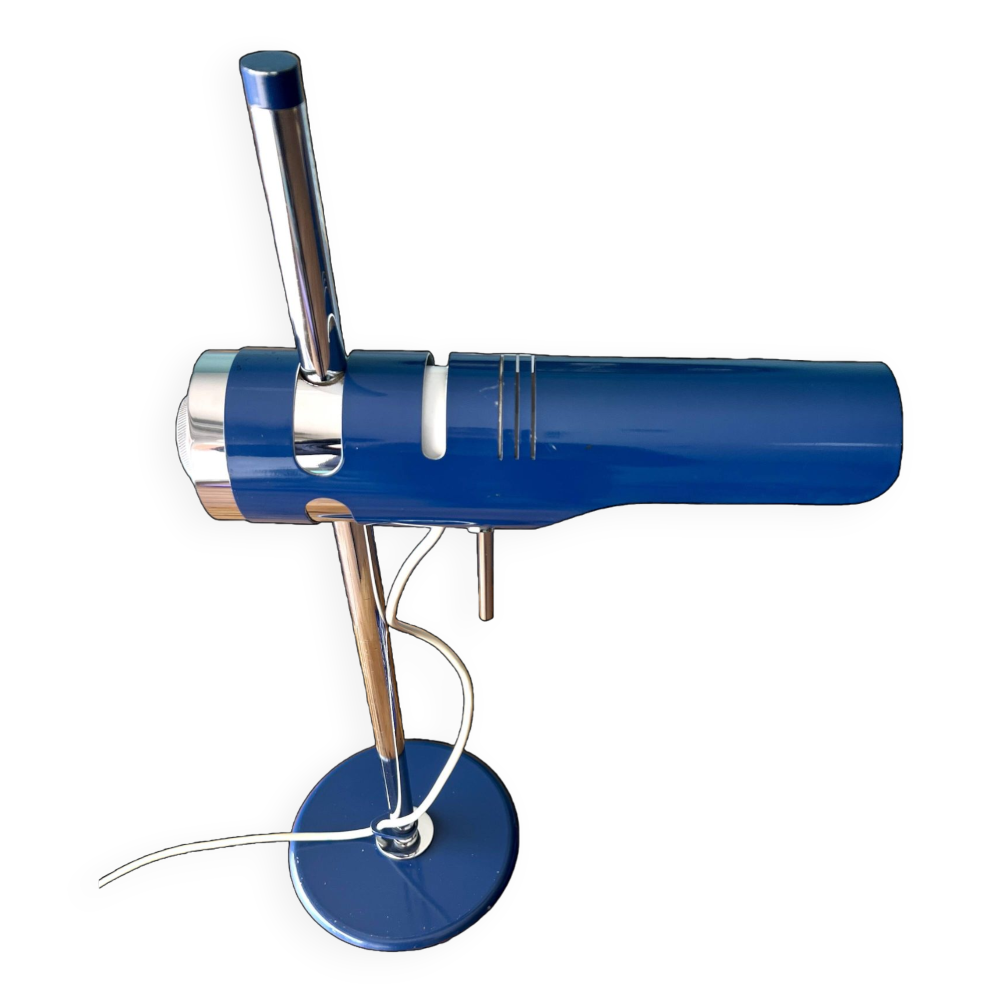Retro Table Lamp from the 1970s: Articulated Arm, Swivel Shade, Electric Blue Enamel for space age d