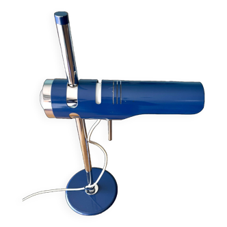 Lampe de table rétro des années 1970 : bras articulé, abat-jour pivotant, émail bleu électrique pour l'ère spatiale d