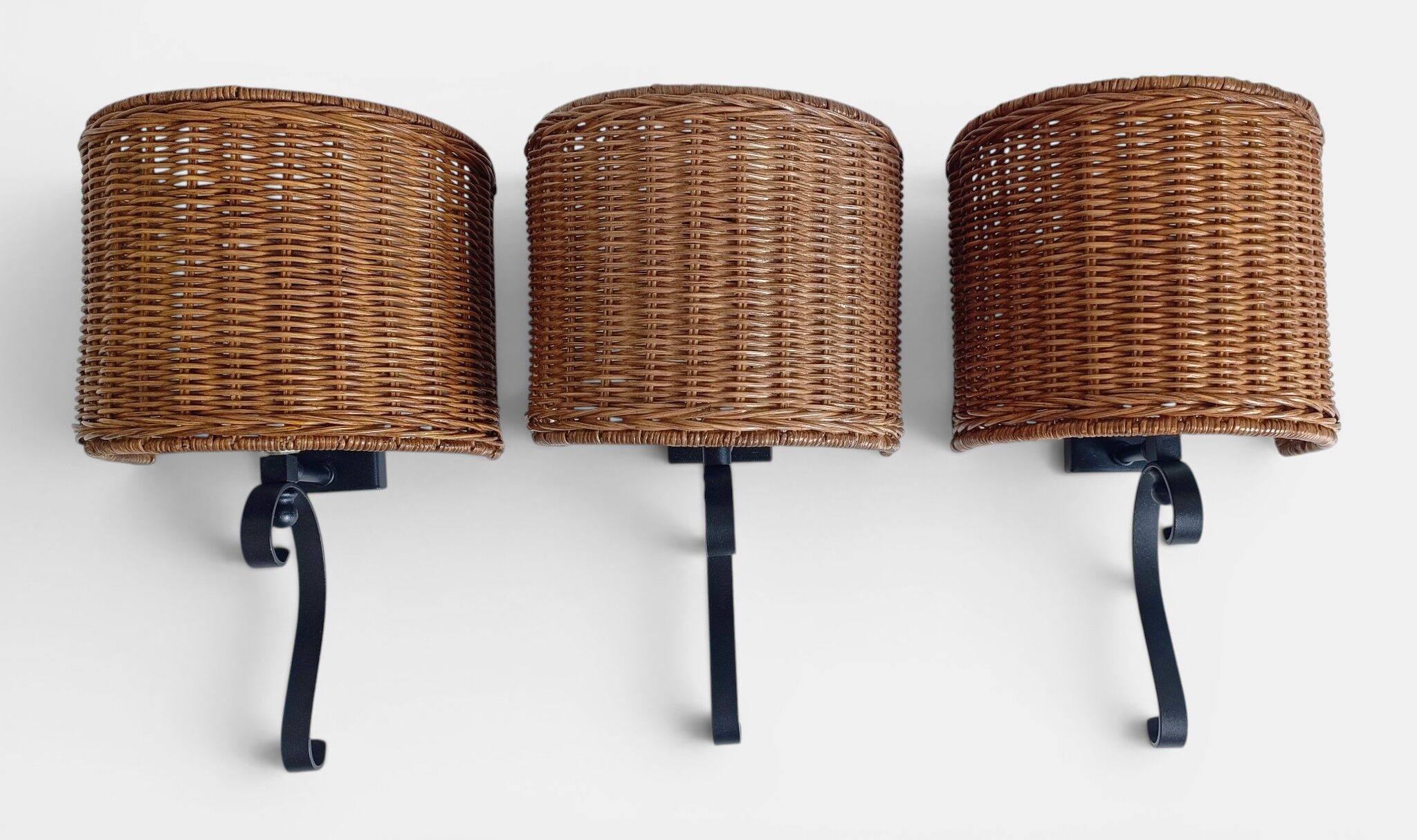 Spanish Mid-Century Wicker And Wrought Iron Wall Sconces, Three Available