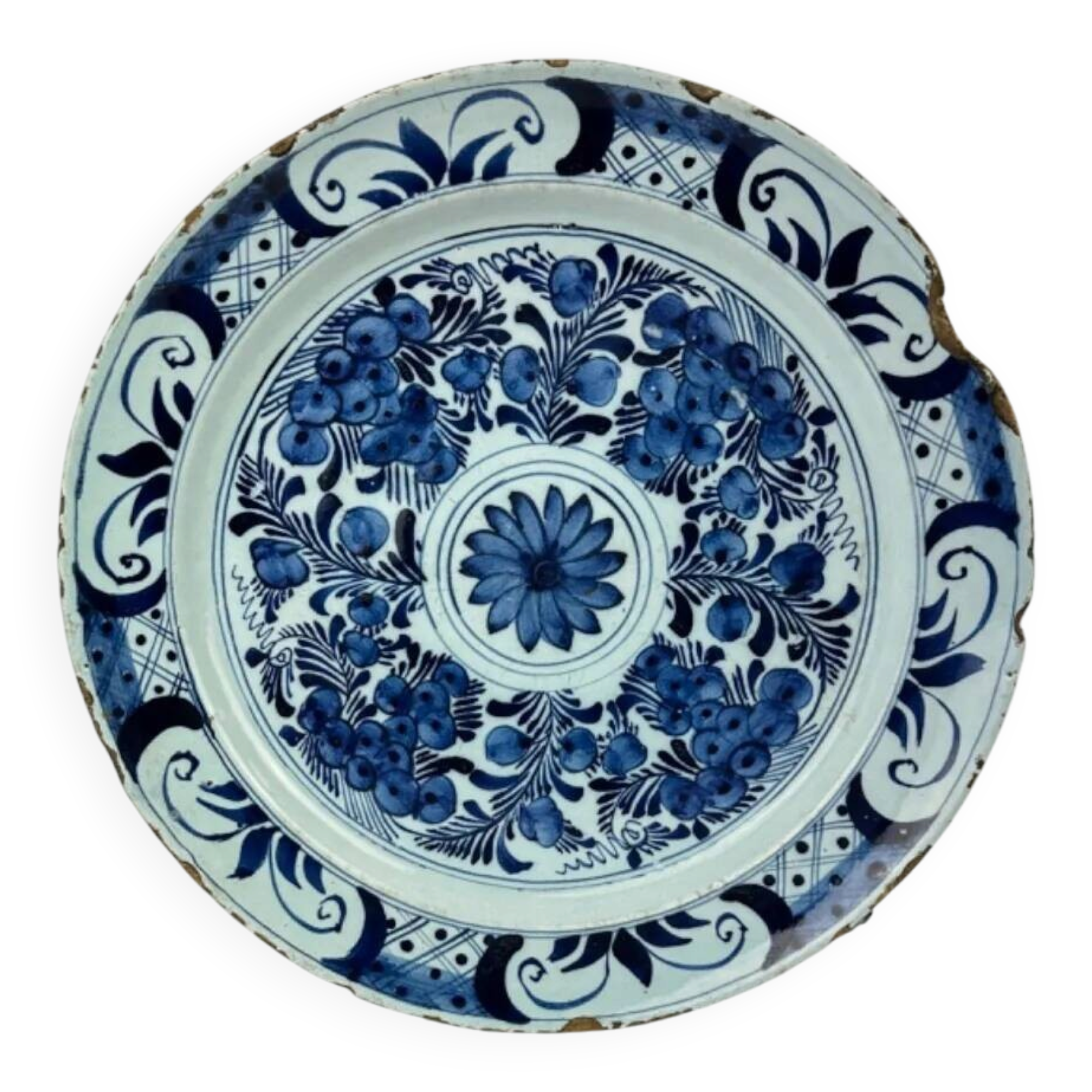 Delftware dish with blue flowers on a white background, 18th century, 35 cm