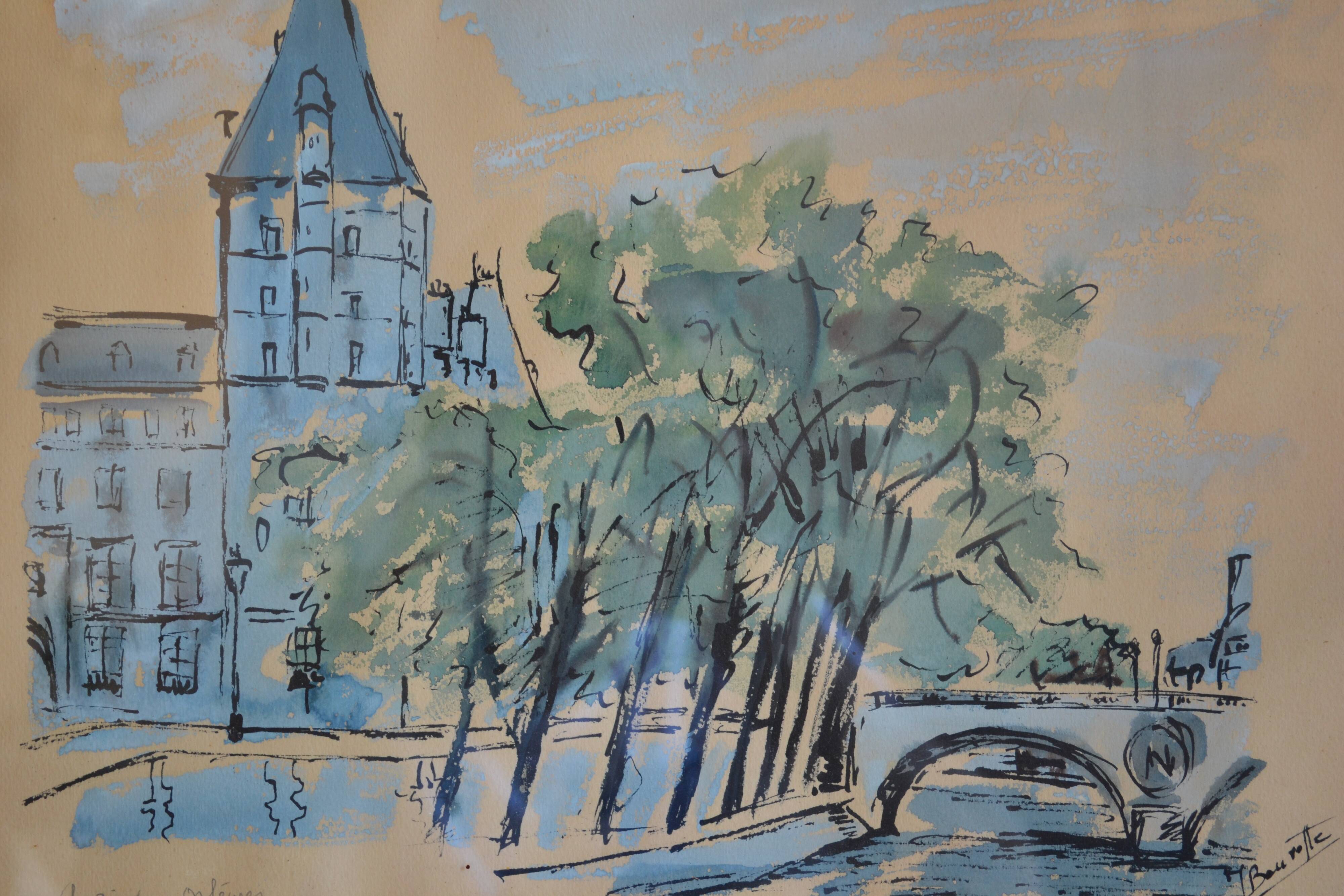 Paris the quai des orfèvres and the pont saint michel painting framed under glass