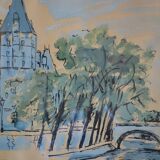 Paris the quai des orfèvres and the pont saint michel painting framed under glass