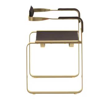 Armchair, aged brass steel and dark brown leather upholstery, contemporary style.