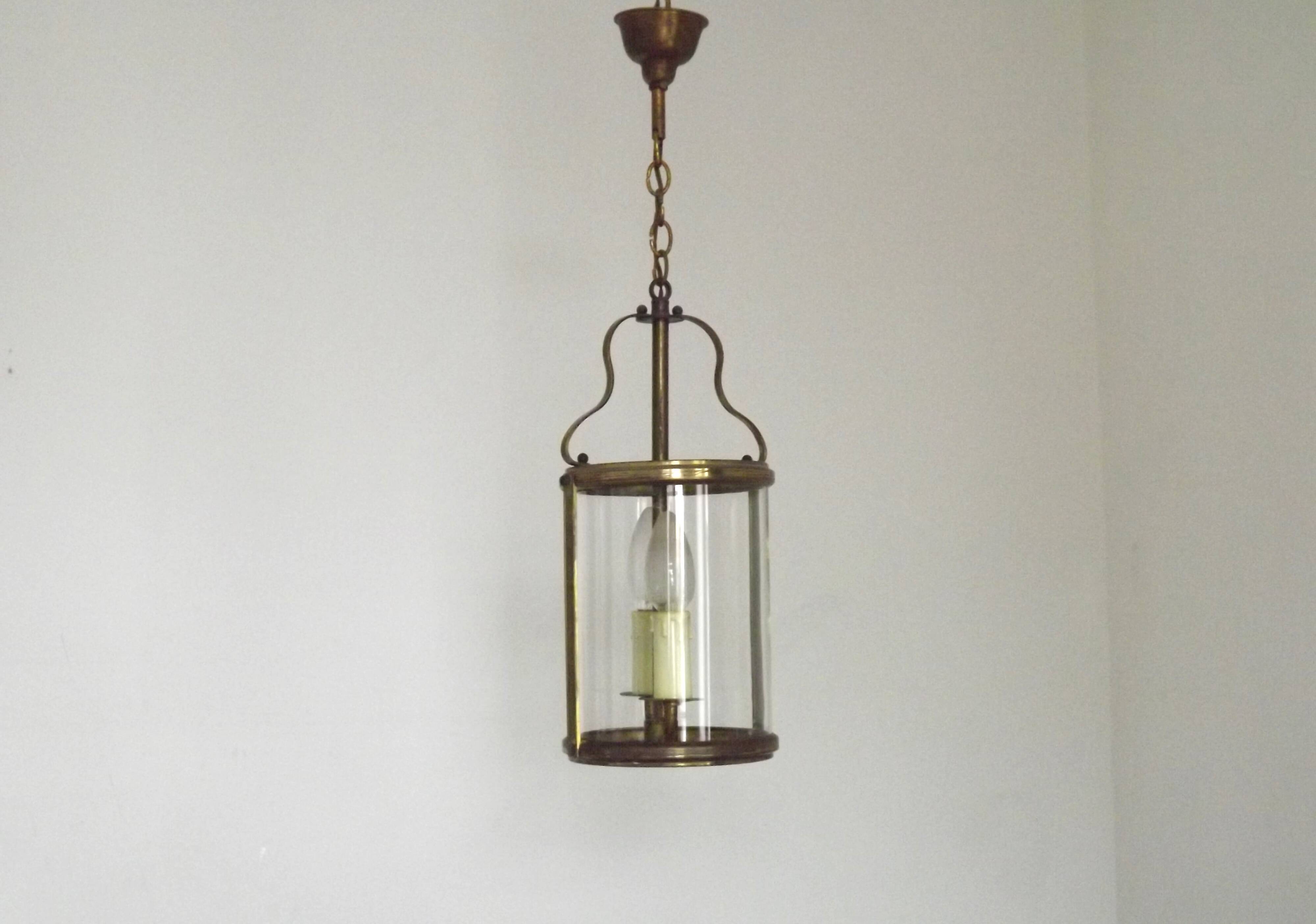 French Vintage Brass 2 Light Hanging Lantern With Cylindrical Glass Shade 4948