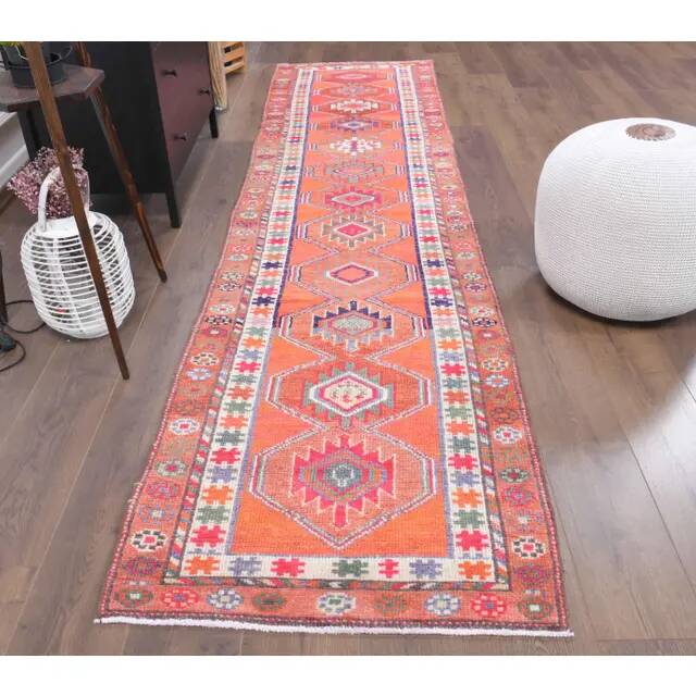 Vintage Turkish Oushak handmade wool cotton orange runner rug 83x336