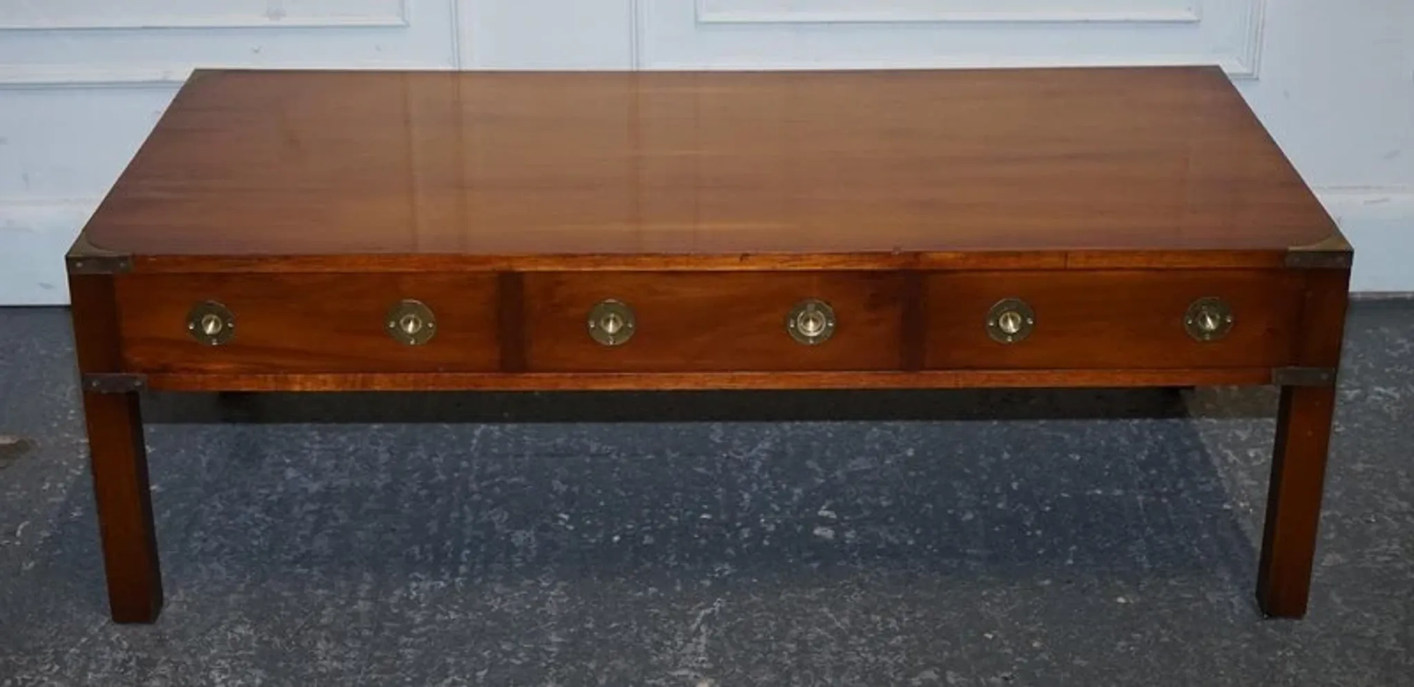 Vintage Military Campaign Coffee Table in Yew Wood and Brass