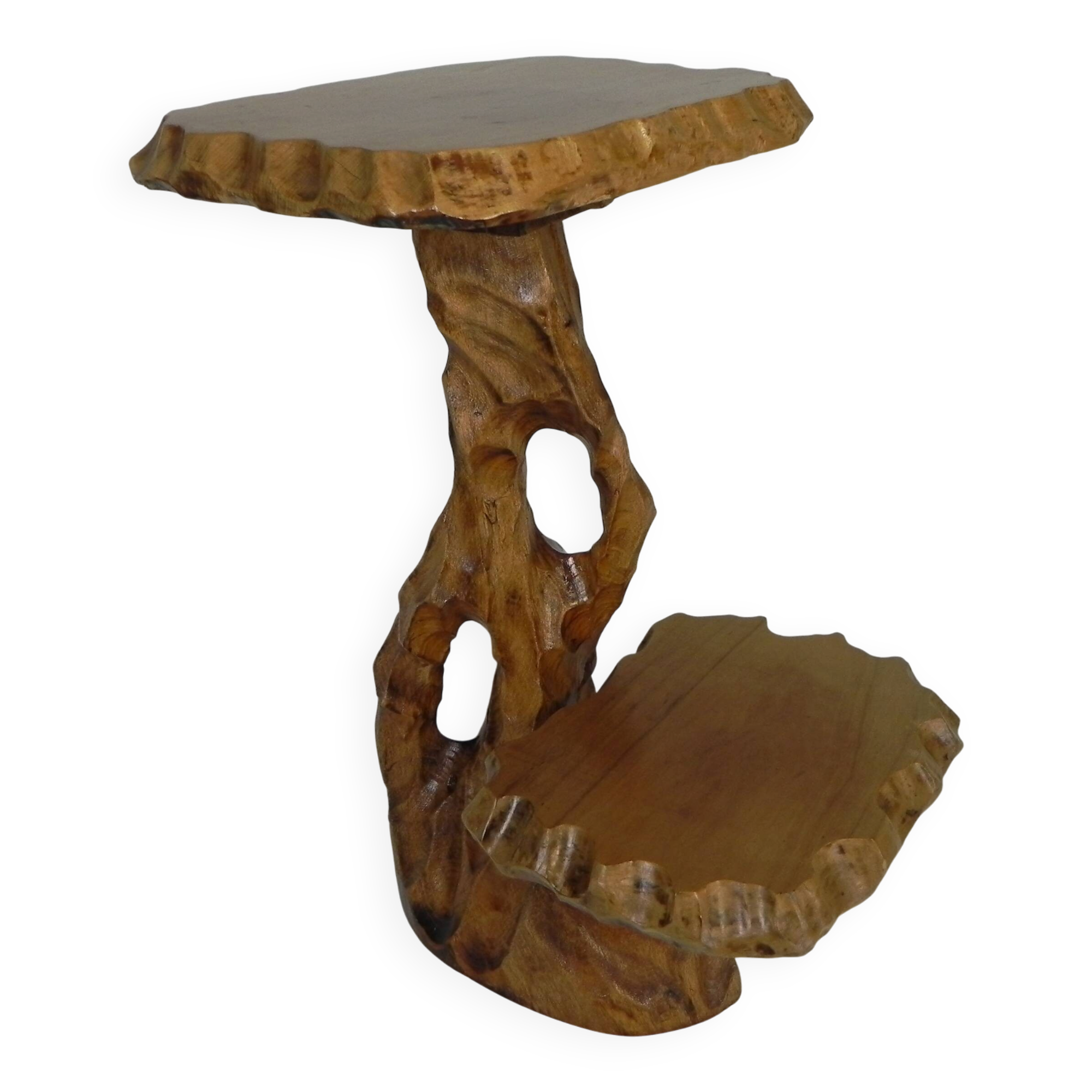 Plant table with 2 shelves, vintage wooden sculpture, USA 1950s
