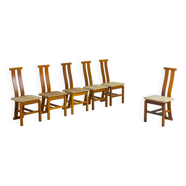 Chaises de salle à manger postmodernes sculpturales en bois avec dossier incurvé, années 1980