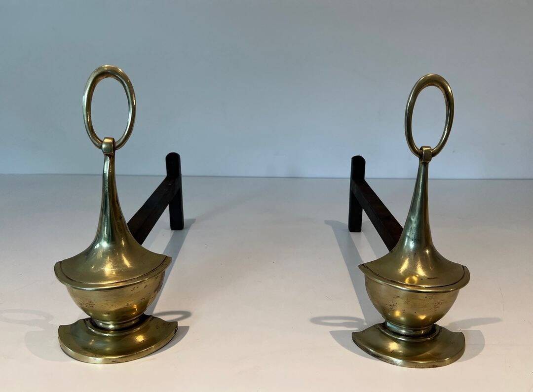 Pair of Bronze Chenets in Neoclassical Style in the Form of an Oil Lamp