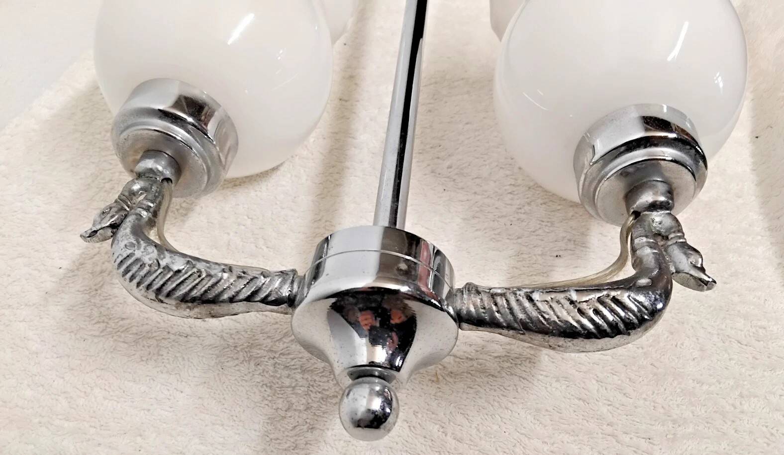 Vintage opaline lampshade chrome duck 2-arm chandelier