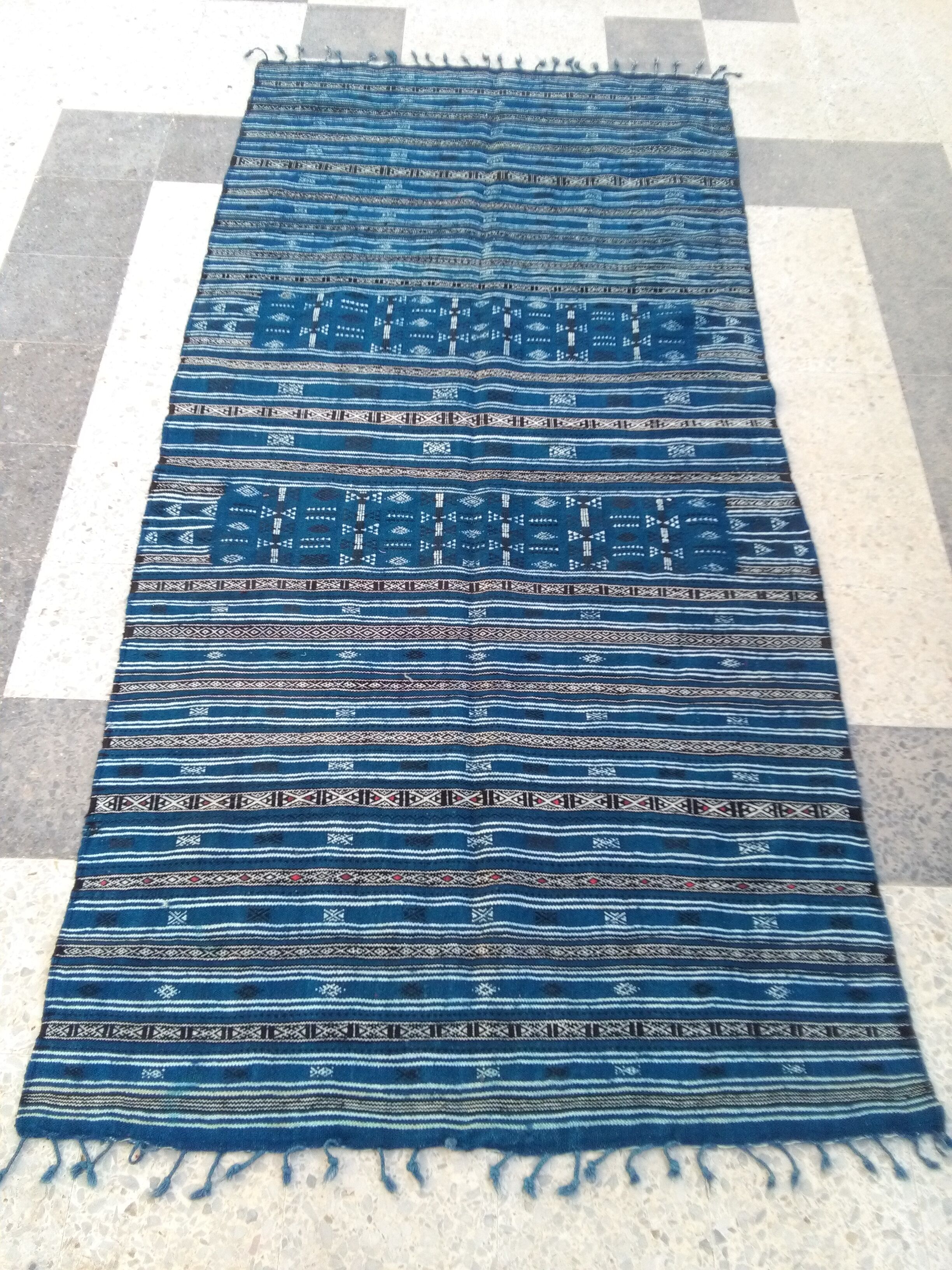 Carpet kilim blue and black handmade 127 x 217 cm