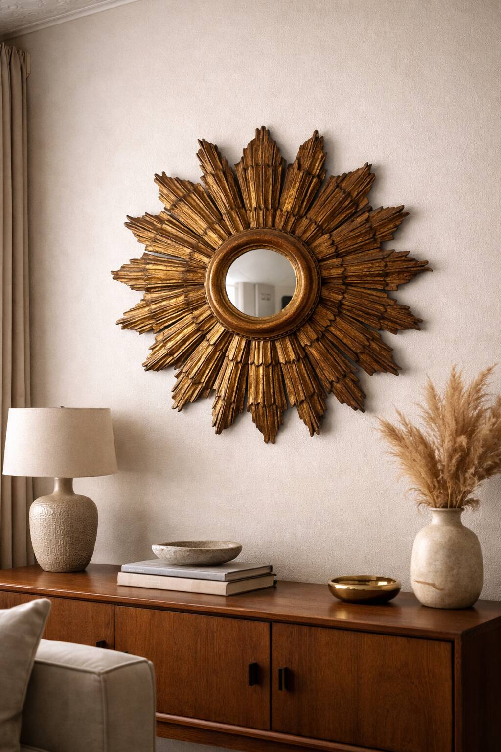 Grand miroir soleil des Pays-Bas en bois sculpté doré – années 60 m