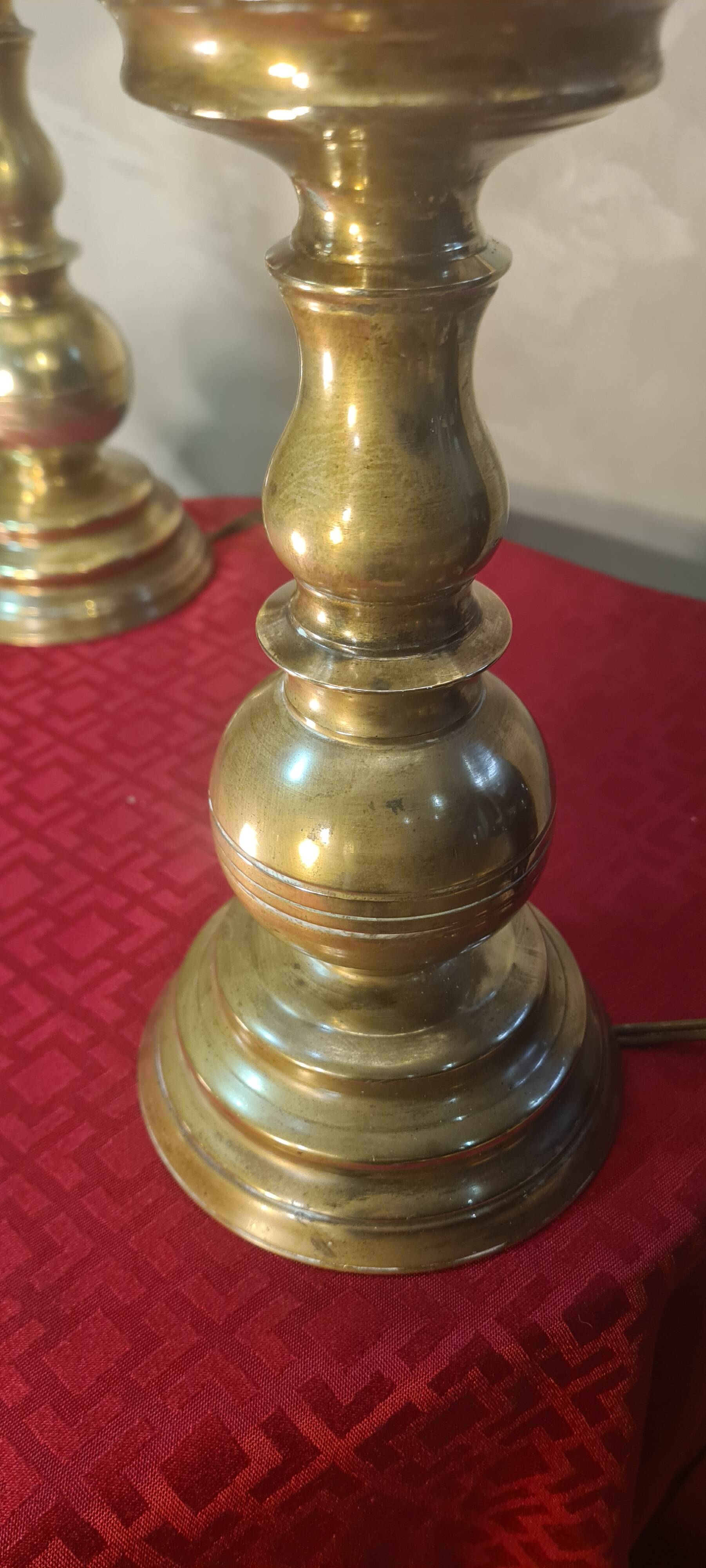 Pair of antique brass lamps, glass lampshades, 42x20, stained glass, Tiffany style.ent