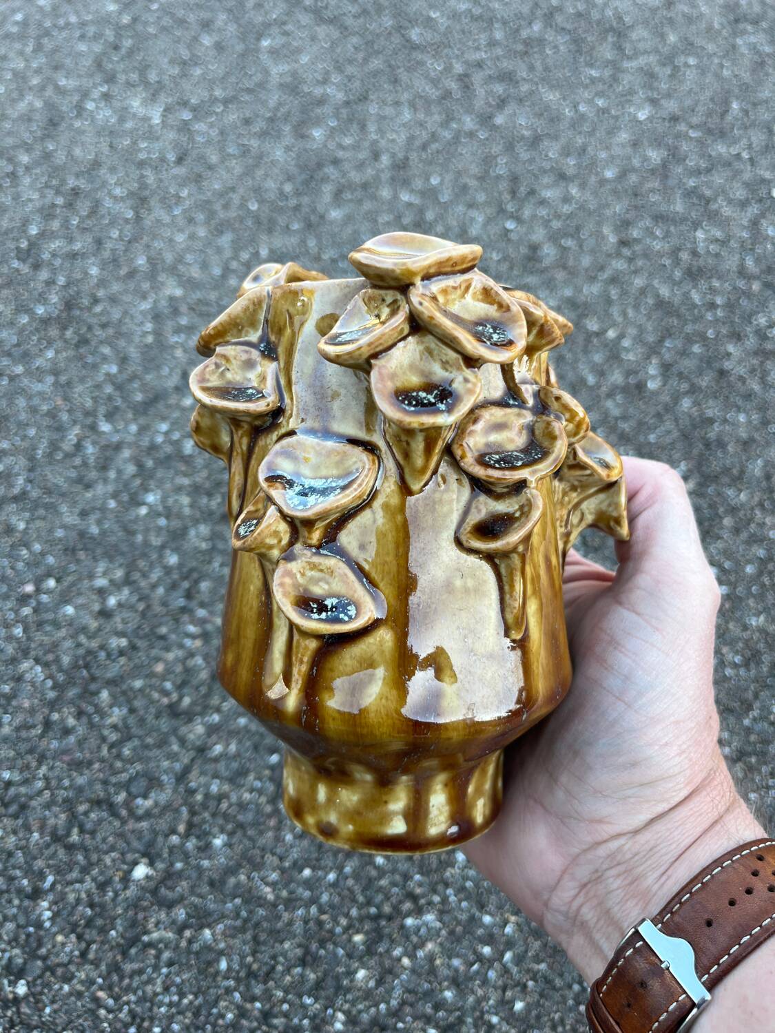 Vintage ceramic vase with mushroom relief decoration