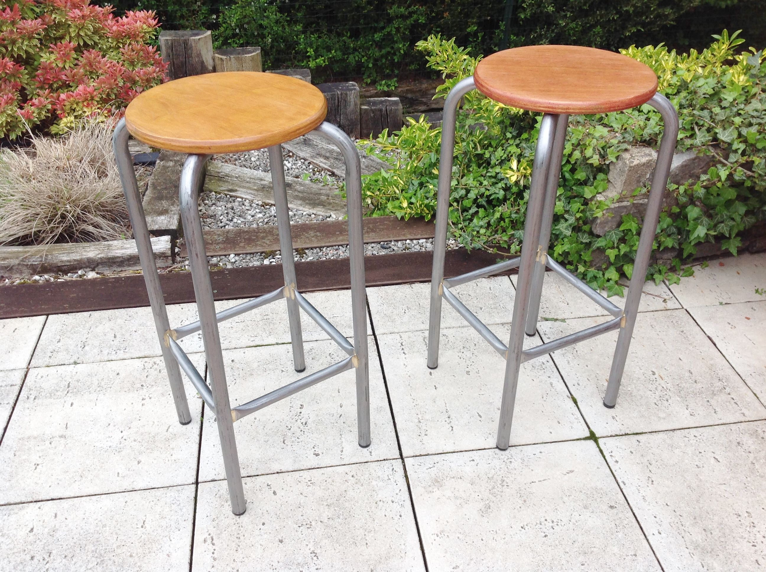 Pair of high wooden stools and metal industrial style 60/70