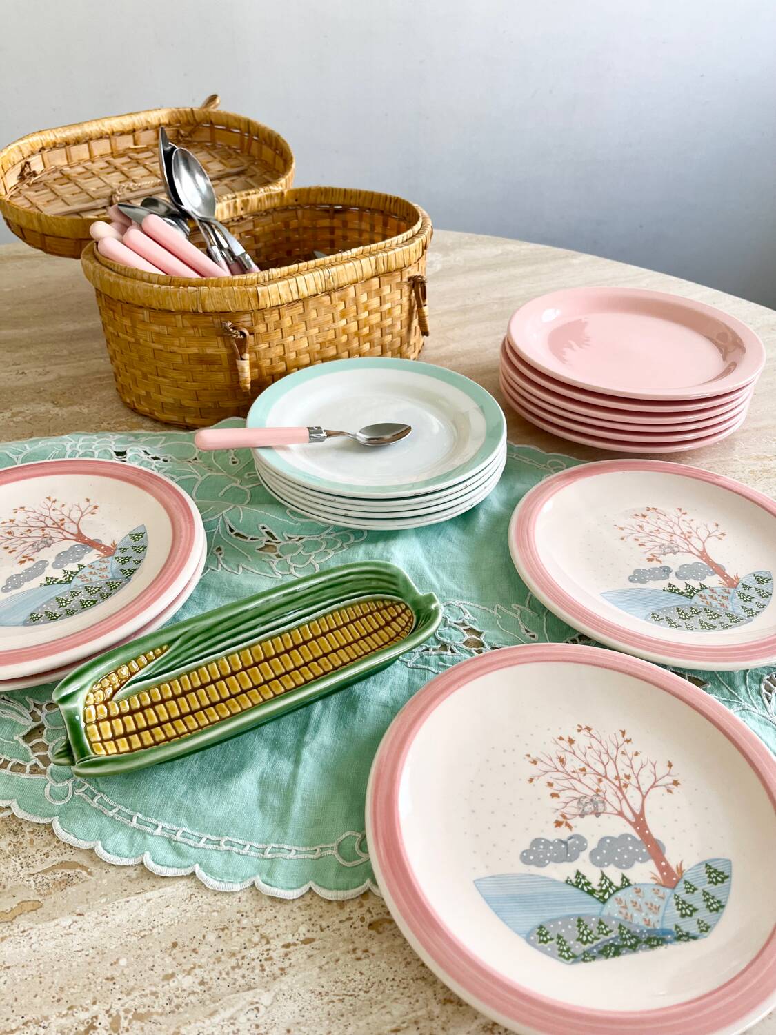 4 vintage powder pink dessert plates