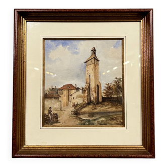 Aquarelle vue d'un clocher de village datée de 1899