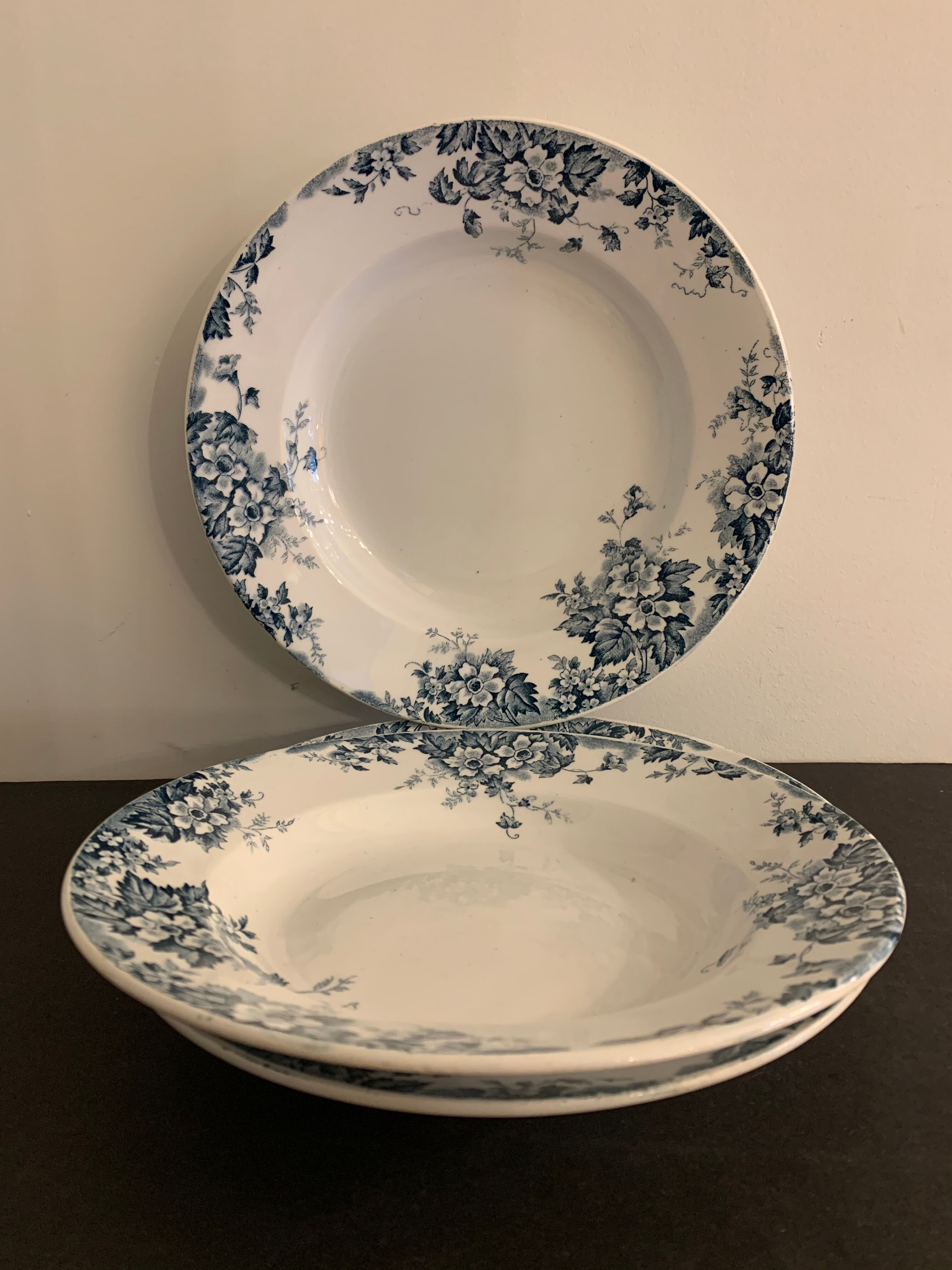 3 marie Louise blue hollow plates made of Saint Amand earthenware