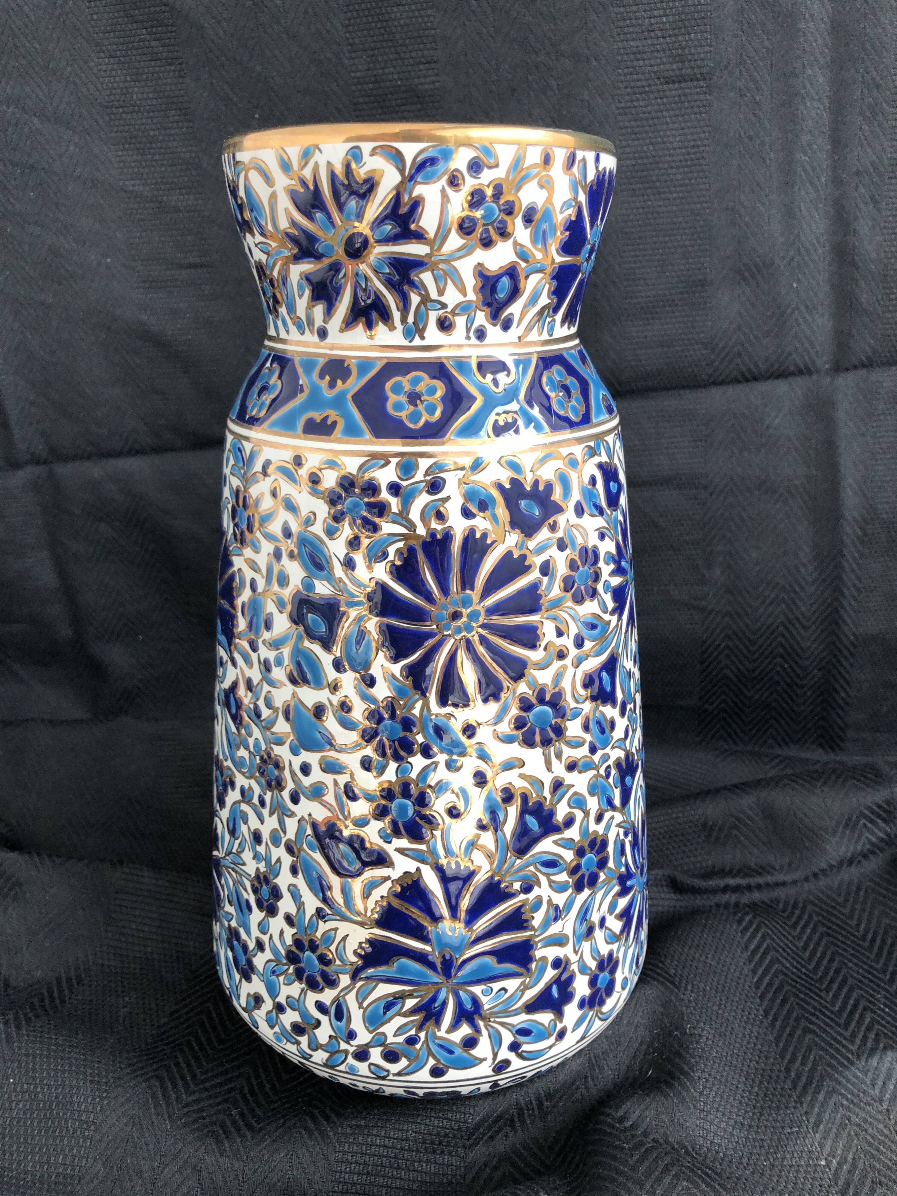 Vase grec vintage Nassos Hellas Rodos or bleu et blanc
