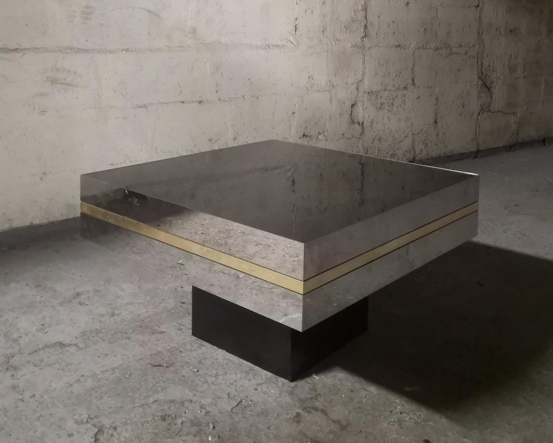 Coffee table design smoked mirror and steel sheet, belgium 1970