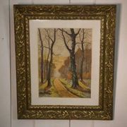 Lithograph of a woodland path, gilt frame, with embossed foliage decoration, 1950s