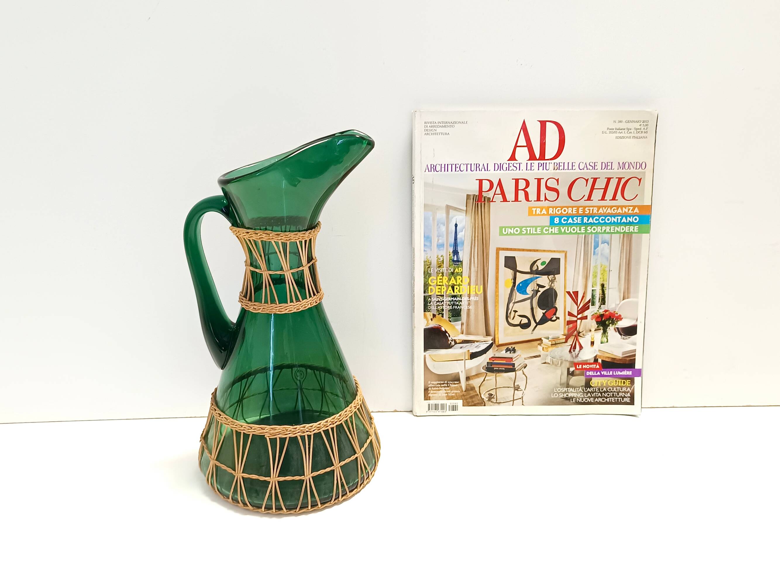 Green Hand Blown Glass and Wicker Jug / Vase, Empoli, Italy