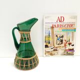 Pichet/vase vert en verre soufflé à la main et osier, Empoli, Italie