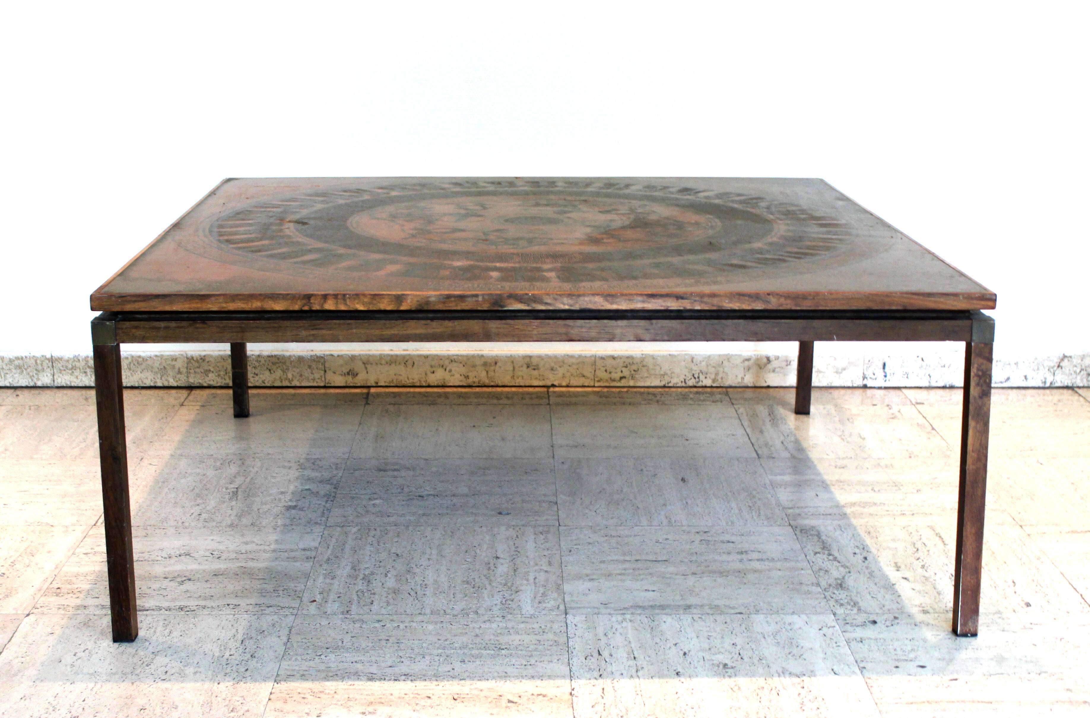 Mid-century copper and wood coffee table, Vad Trevarefrikk, Norway, 1960s.