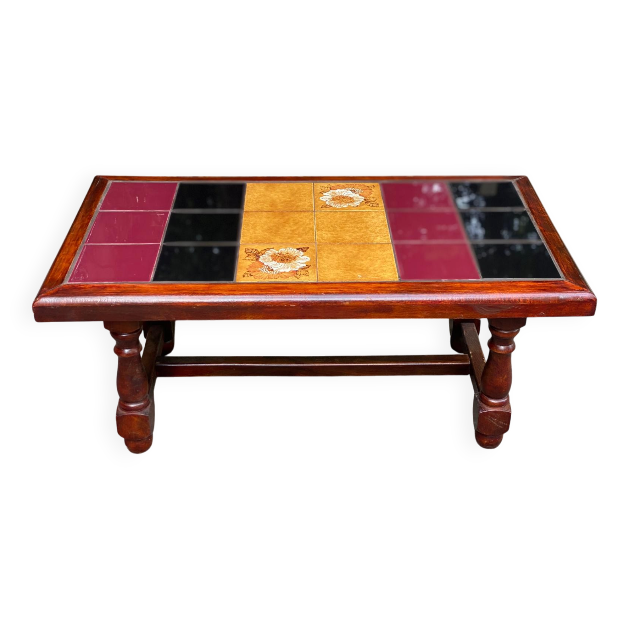 Solid wood and multicoloured ceramic coffee table from the 1970s.