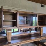 Buffet 2 corps en noyer vintage 1958 5 portes miroirs et vitrine