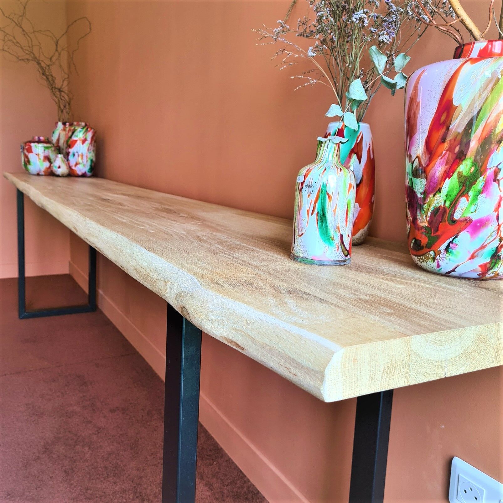 Console 3m x 50 cm solid oak and metal feet in U