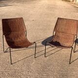 Pair of rattan and steel armchairs