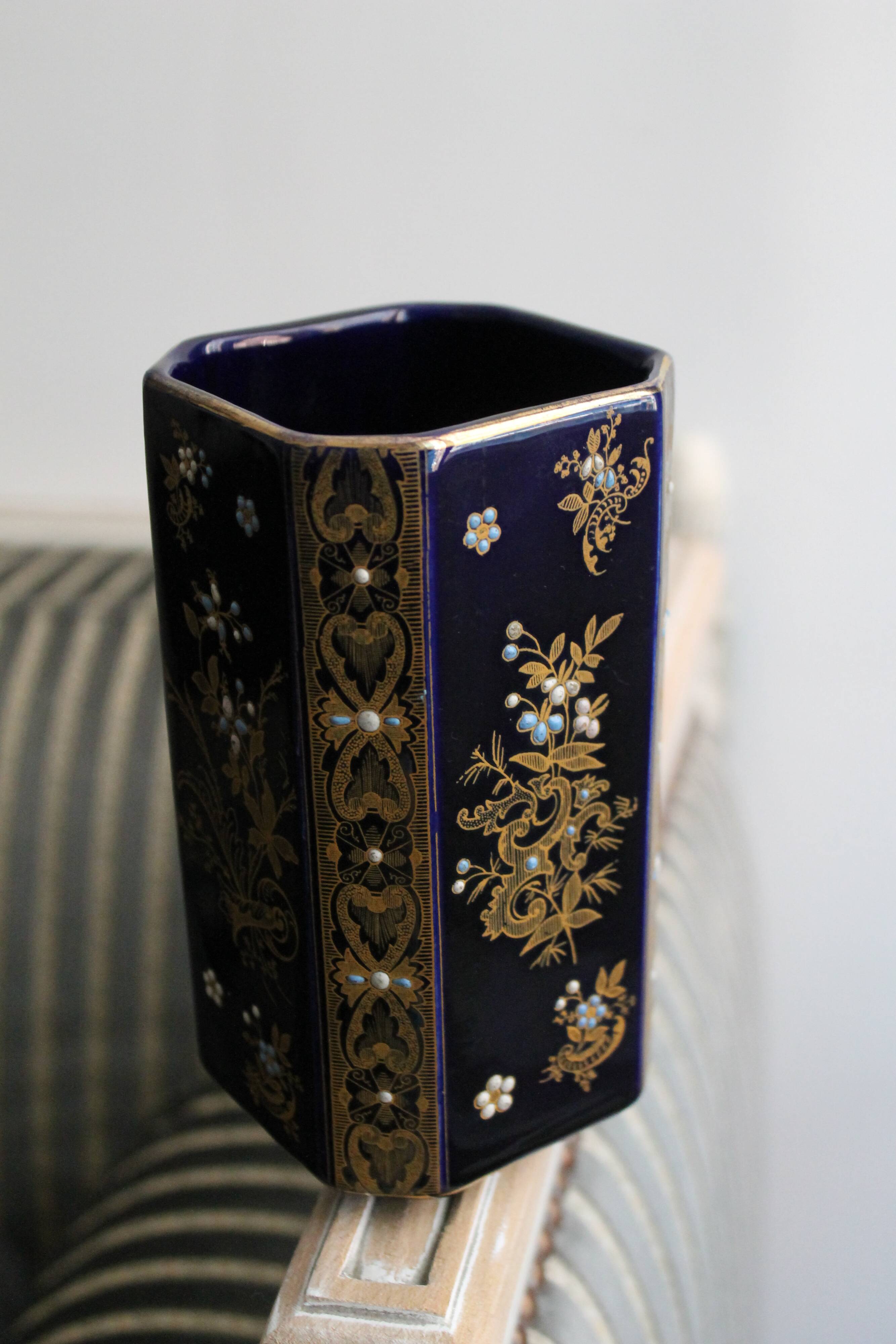 Gien navy blue and gold ceramic vase