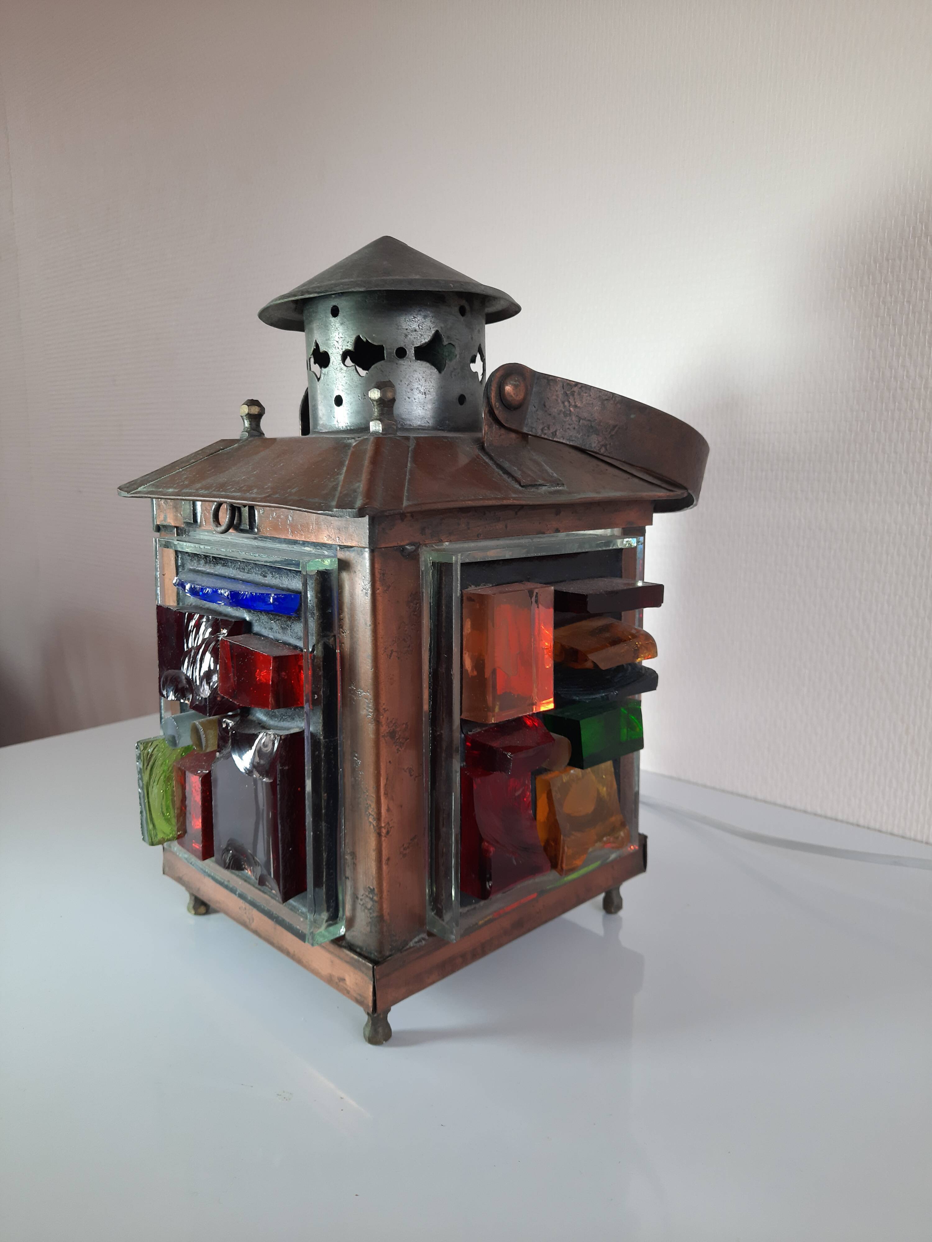 Copper lantern table lamp and 60s multicolored glasses