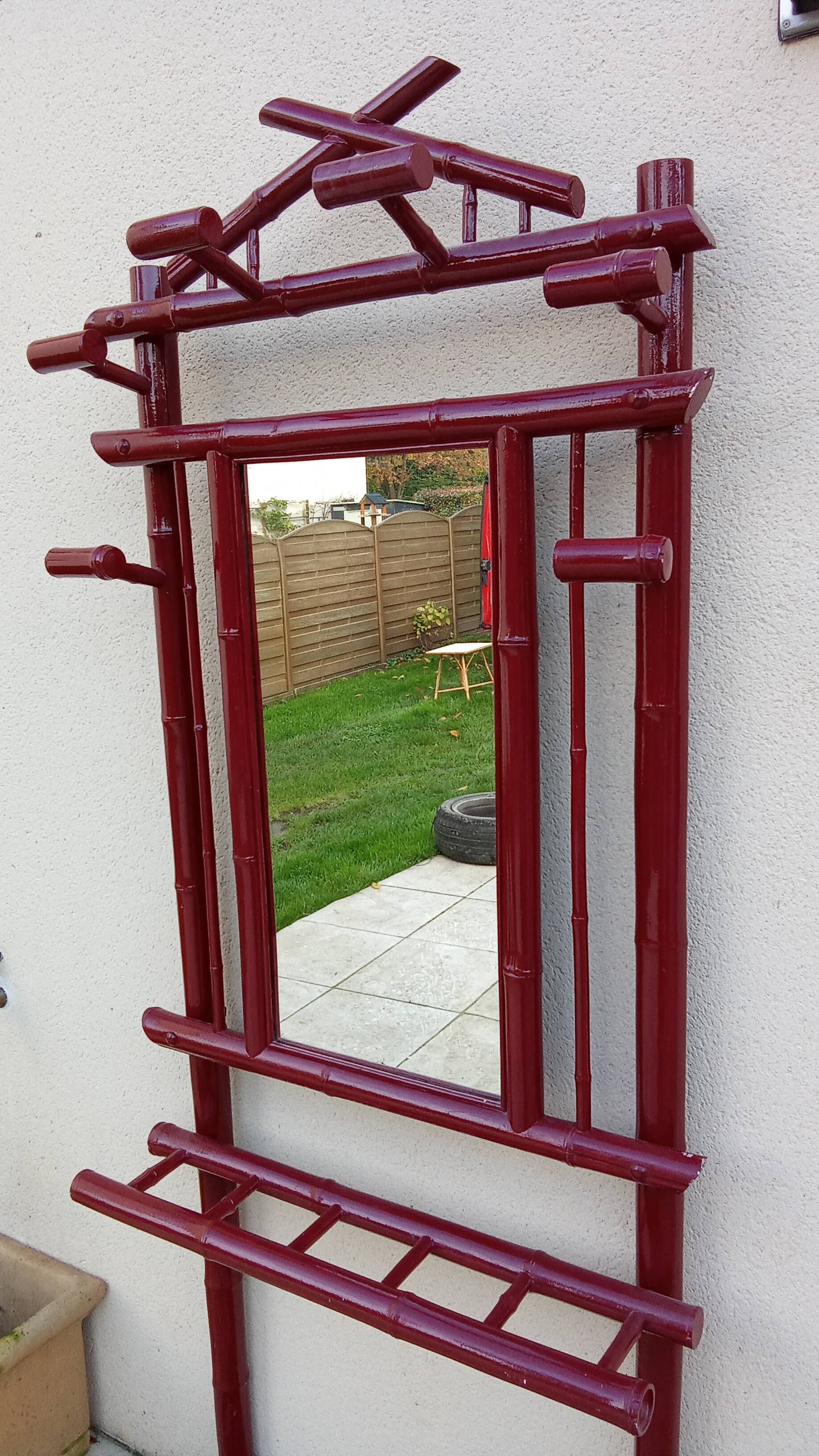 Old vintage red lacquered bamboo Asian coat rack