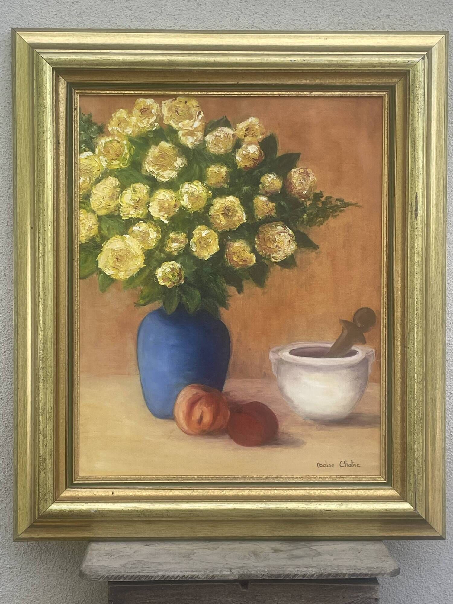 Painting Oil canvas mounted on panel, Still life with bouquet Nadine Chatre