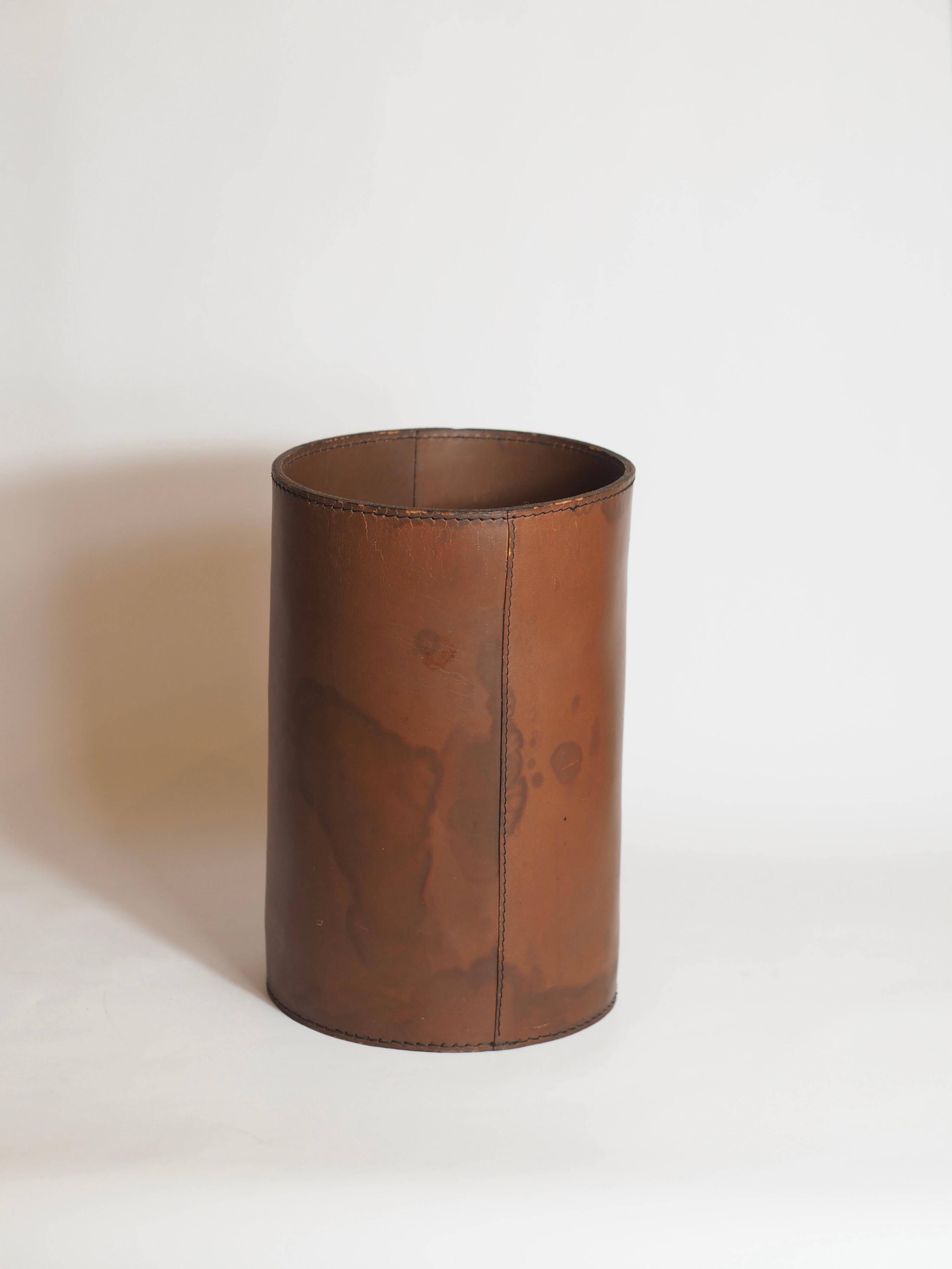 Authentic leather wastebasket/bin by Carl Auböck from the mid-20th century.