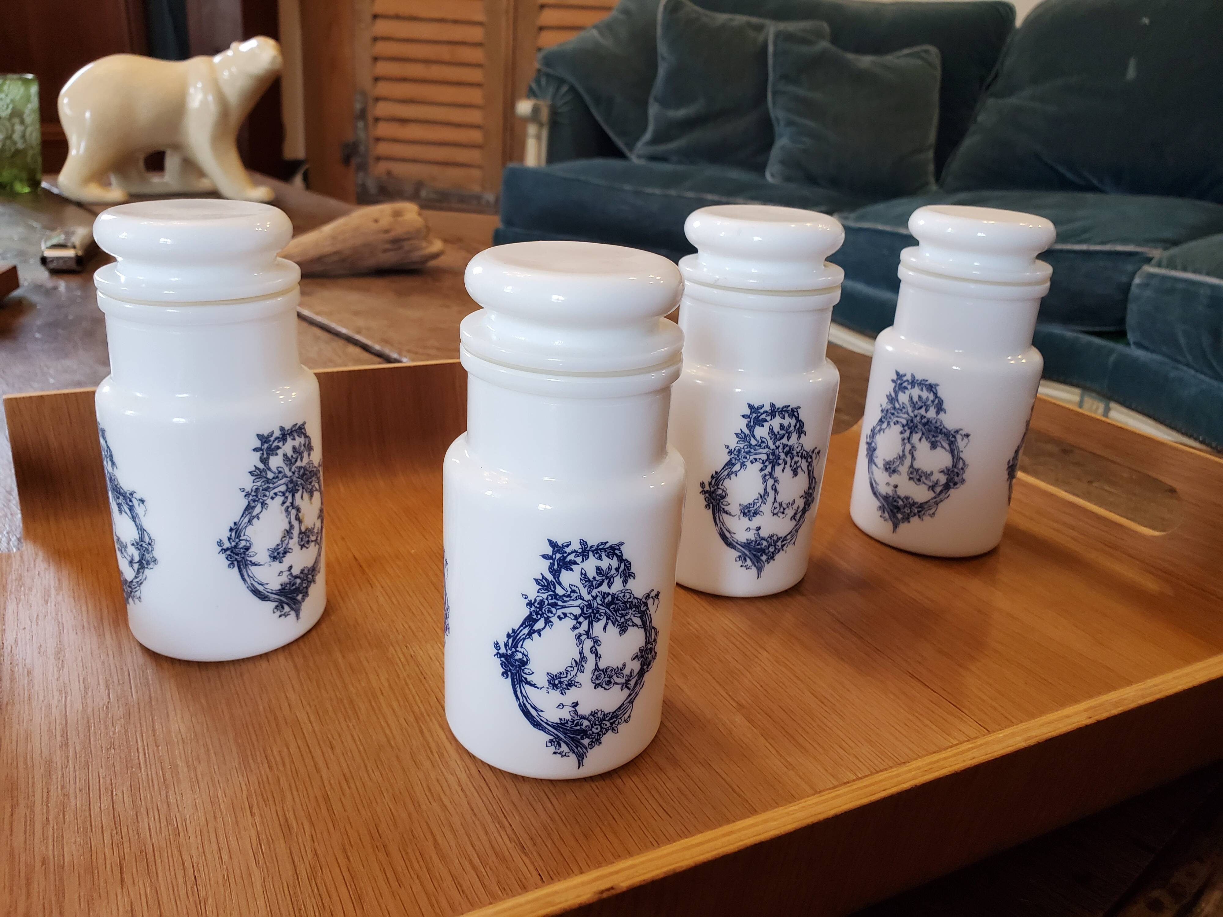4 opaline bottles blue pattern