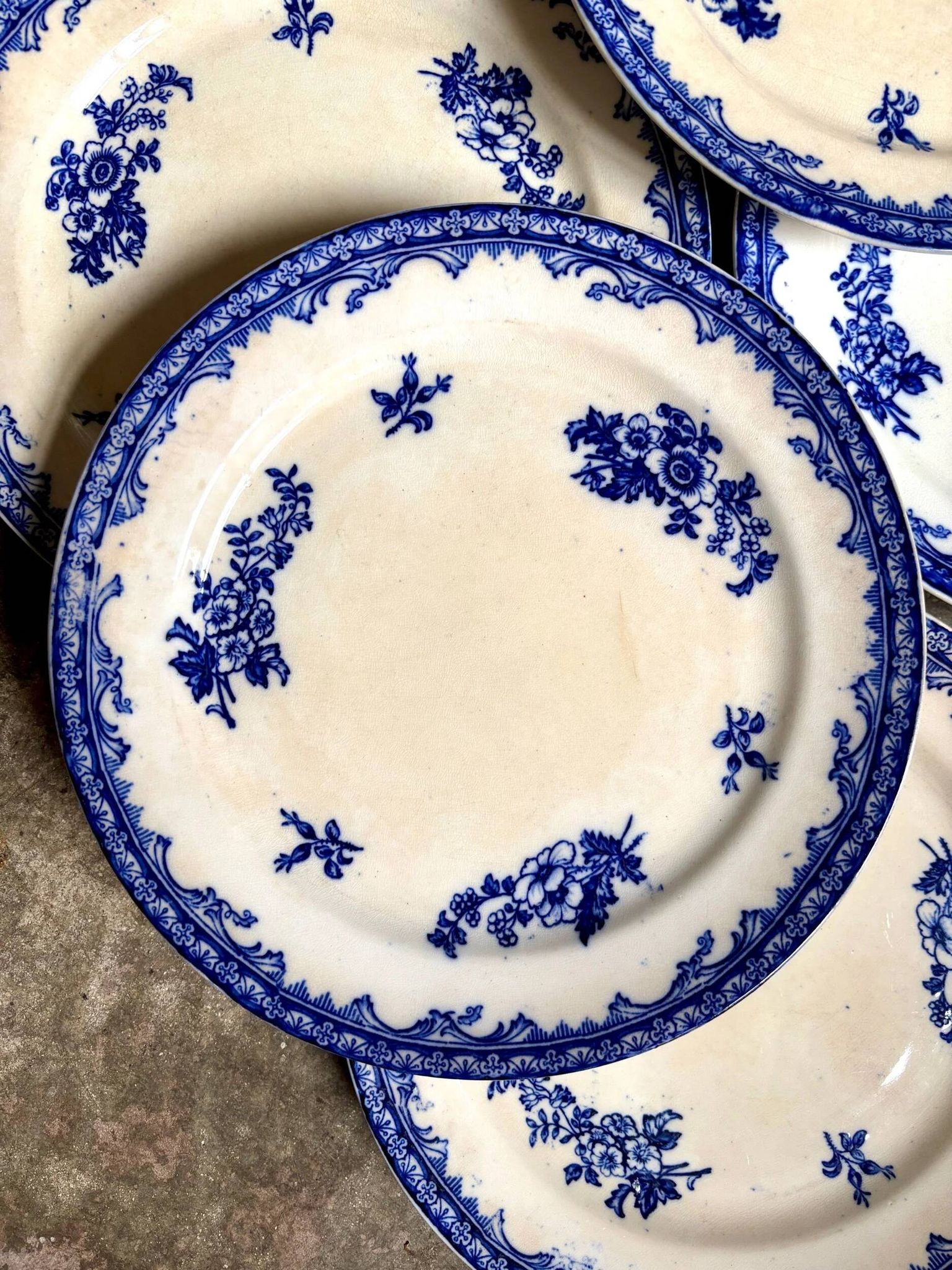 6 assiettes plates Staffordshire en terre de fer bleue